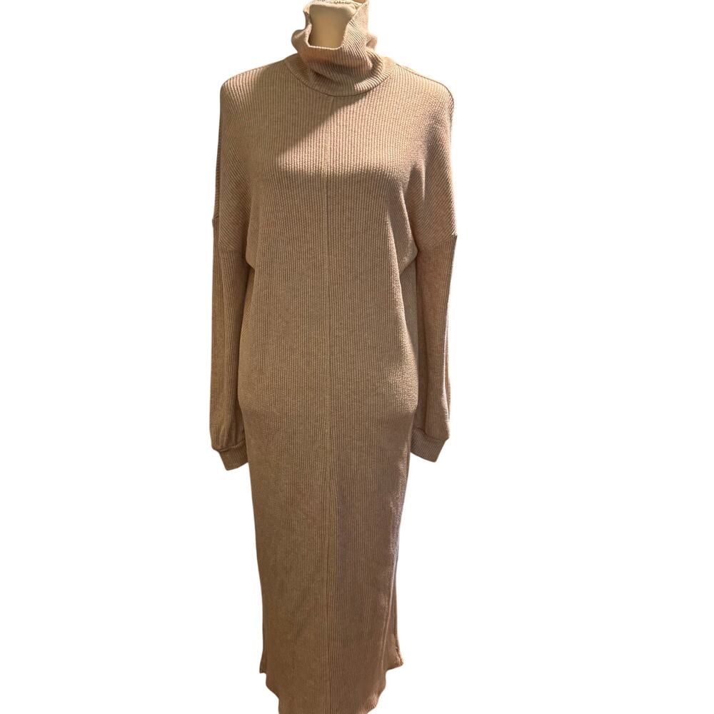 Sage The Label Oatmeal Ribbed Knit Turtleneck Maxi Dress, Made in USA, Small
